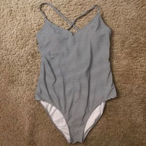 AERIE Black and White Striped Strappy Swimsuit